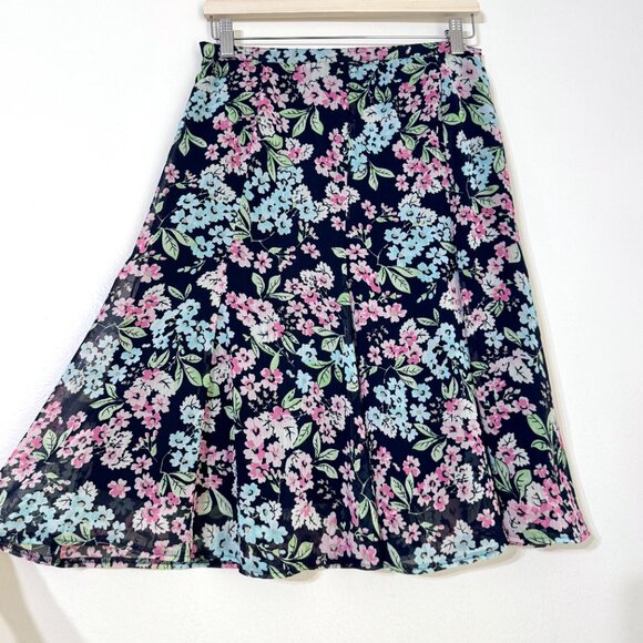 Vtg Y2K Sag Harbor Floral Flared Chiffon Skirt Elastic Waist Fairy Feminine Navy - Picture 4 of 14